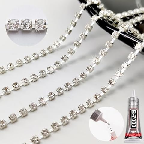 Yhsheen Rhinestone Trim with B7000 Glue, 1 Row 8 Yards Crystal Rhinestone Fringe for Crafts, Rhinestone Strips Ribbon, DIY Decoration, Silver Cover