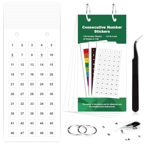 1000 Pcs Consecutive Number Stickers 1-50 20 Sheets 0.4 inch White Square Small Number Stickers Self-Adhesive with Green Hardcover Silver Ring Curved Pointed Tweezers Number Labels