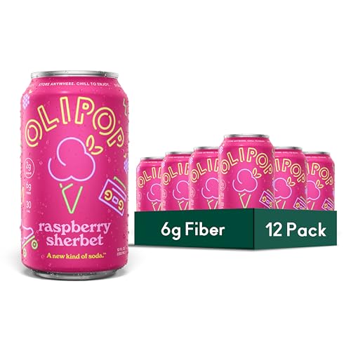 Image of OLIPOP Prebiotic Soda Pop, Raspberry Sherbet, Pantry Pack Packed with Prebiotics, Fiber, and Botanicals, Gluten Free, GMO Free, 12oz (12-Cans) (Packaging May Vary)