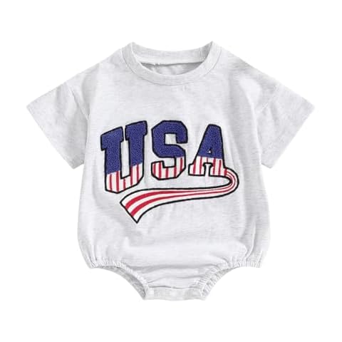 Twopumpkin 4th of July Baby Boy Girl Outfit Newborn Toddler Bubble Romper Retro Fourth Of July USA Onesie Clothes (A Embroidered USA Gray, 18-24 Months) Cover