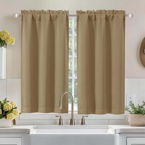 Image of Aiyufeng Taupe Short Blackout Curtains for Bedroom 45 Inches Long 2 Panels Set, Solid Thermal Insulated, Energy Saving Window Treatment Curtains Blackout Drapes, W40 x L45 Inch, Taupe