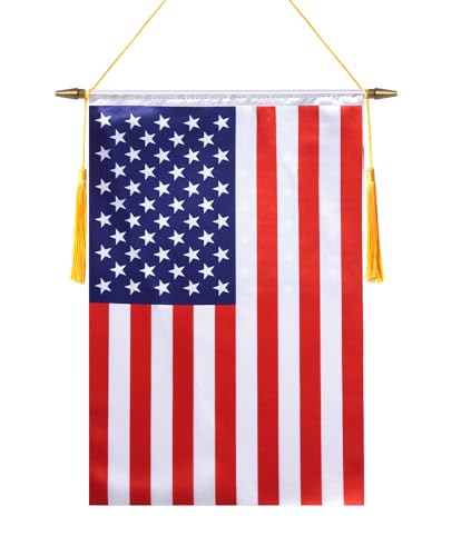 TMHTMH 18x12 Inch USA Wall Banner Flag Wooden Hanging Pole and Double Satin Finish American Hanging Flag for House Room School Classroom Club and Door