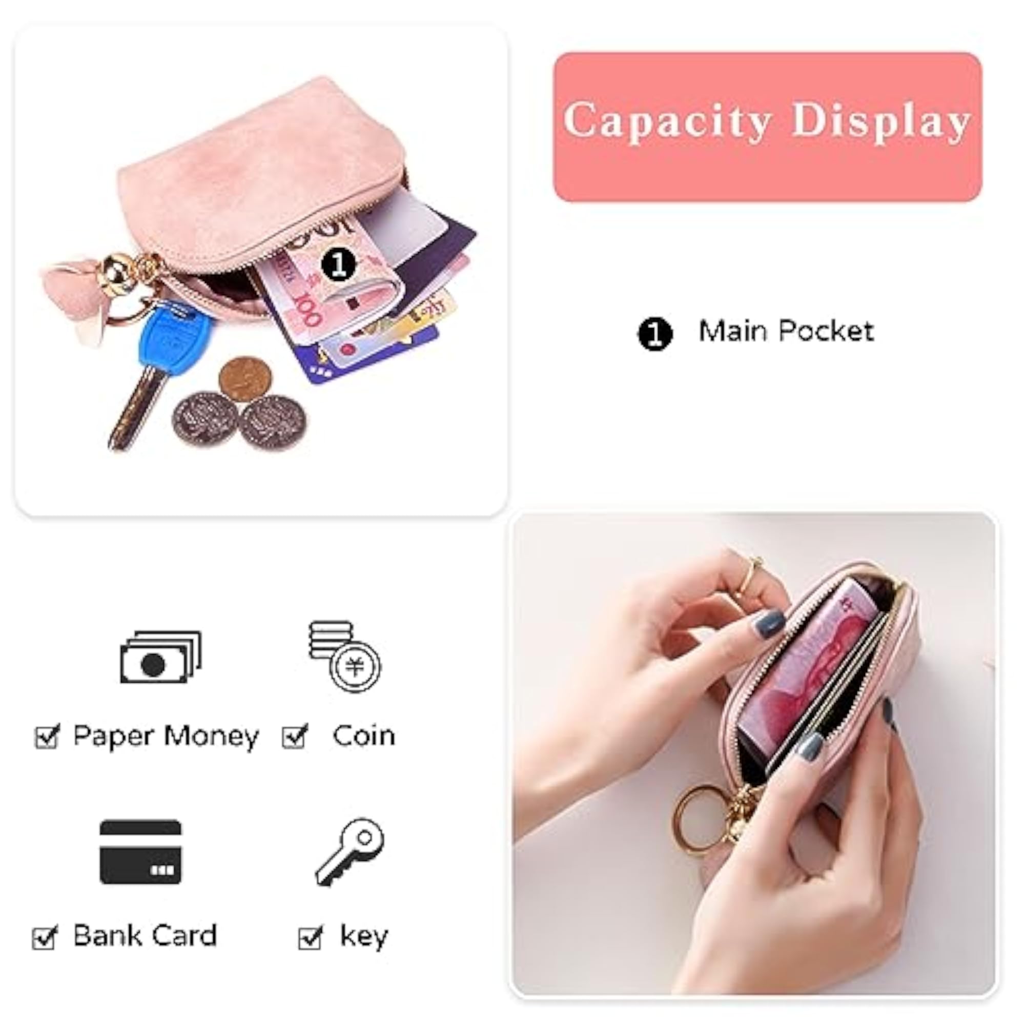 Small Coin Purse Change Pouch, Pink Mini Wallet