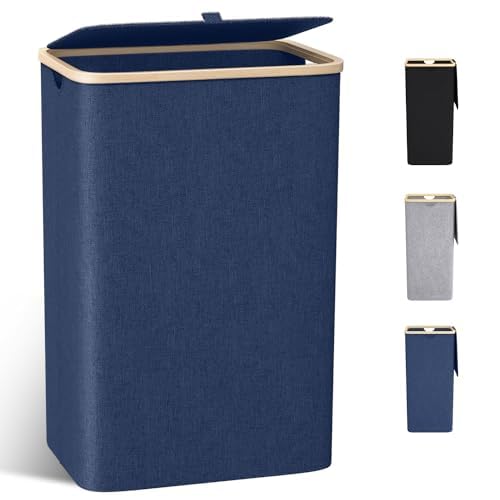 Panier à Linge avec Couvercle,100L Grand Corbeille à Linge avec Poignées en Bambou, Bac a Linge Laundry Basket Pliable XXL Pliable avec Sac Amovibles en...