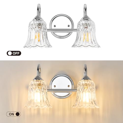 Image of Vintage Farmhouse Bathroom Vanity Light Fixture, 3-Light Chrome Wall Sconce Over Mirror with Tulip Flower Glass Shade, 14.6 Inch Bath Wall Lamp for Bathroom Bedroom Hallway