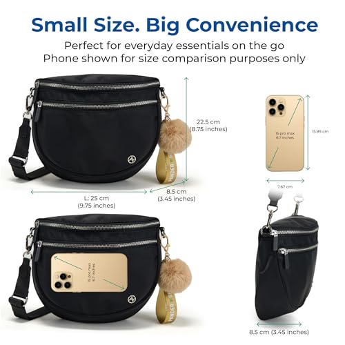 Image of Pander Crossbody Bum Bag for Women, Everyday Nylon Shoulder Bag with Pompom Keychain Wristlet Bag Charm, Adjustable Strap