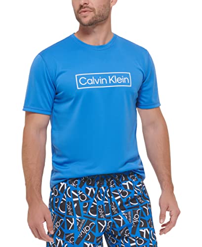 Calvin Klein Manga curta masculina, leve, secagem rápida, proteção FPS 40+, Logotipo azul, G