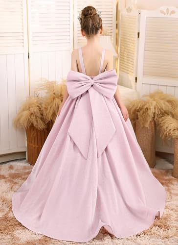 Sparkle Flower Girl Dress Satin Long Pageant Dresses for Girls Straps Prom Ball Gown with Bow4