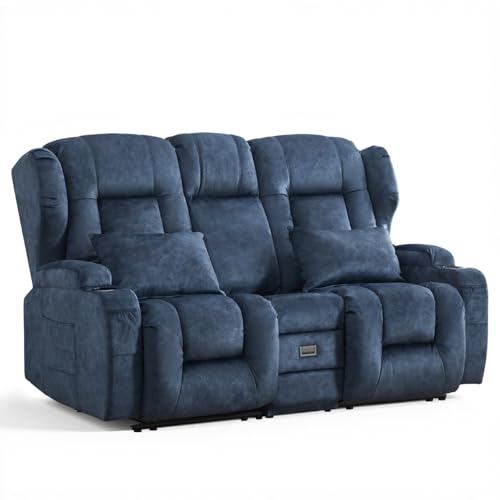 Image of Loveseat Recliner Sofa with Flip-up Console,RV Wall Hugger Recliners for Small Spaces,Reclining Loveseat Sofa Recliner with Cup Holders /Lumbar Pillows,RV Furniture (Blue, 68 inch 2-Seater)