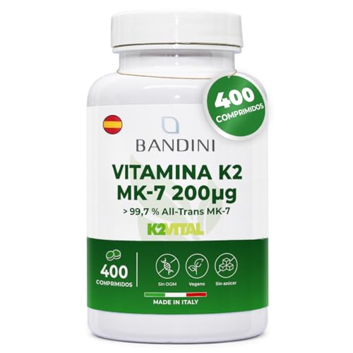 Bandini® Vitamina K2 (100% ALL-TRANS MK-7) 400 comprimidos Veganos (1 año) - Alta Potencia de 200μg - K2Vital® Forma Más Pura de Vitamina K 2 la Menaquinona - Mantenimiento de huesos y articulaciones
