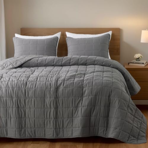ROARINGWILD Grey Queen Size Quilt Bedding Sets with Pillow Sham, Summer Lightweight Soft Bedspread Coverlet, Farmhouse Country Gingham Quilted Blanket Thin Comforter Bed Cover, 2 Pieces, 90x91 inches