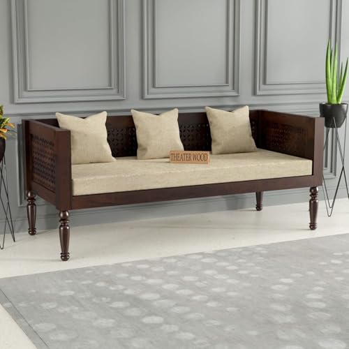 Image of Sheesham Wooden 3 Seater Sofa for Living Room | Rosewood Cushion Sofa | Solid Wood Sofa Set for Lounge (Walnut, 3 Seater)
