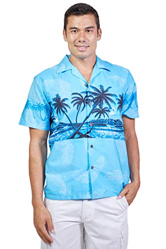 Tropical Luau Beach Palm Tree Print Men’s Hawaiian Aloha Shirt (X-Large, Blue)