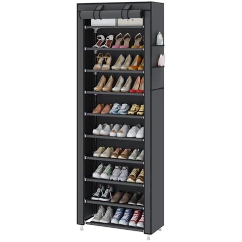 UDEAR 10-Tier Free Standing Shoe Rack Sturdy Shoe Rack Organizer for Closet Entryway Stackable Shoe Shelf with Dustproof Cover,Grey Cover