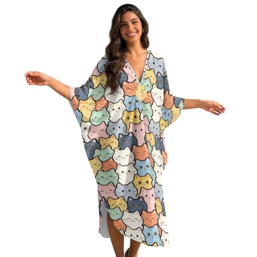 Robe caftan pour femme col en V et manches chauve-souris en tissu léger