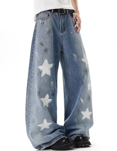 Y2K Star Jeans Men Aesthetic Star Denim Pants Straight Leg Baggy Jeans Grunge Streetwear3