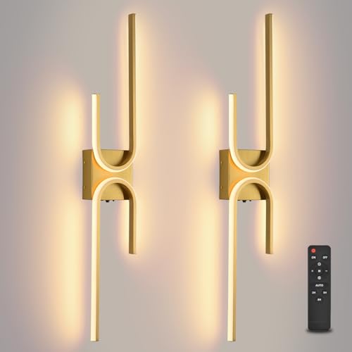 Image of Battery Operated Wall Sconce with Remote Control, USB Rechargeable Wireless Wall Sconce Set of 2, LED Dimmable Wall lamp, 3 Color /Timer /Memory, Gold Wall lights for Bedroom Living Room, 31.5 inch