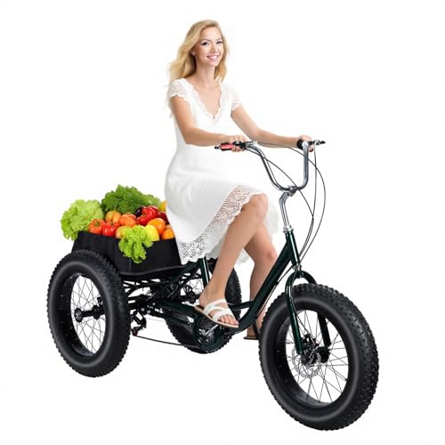 Rodiuiu Fat Tire - Triciclos para adultos, 3 ruedas, 7 velocidades, triciclos para adultos de 20 pulgadas, bicicleta de 3 ruedas con cesta grande, bicicleta de crucero para compras, playa y ciudad