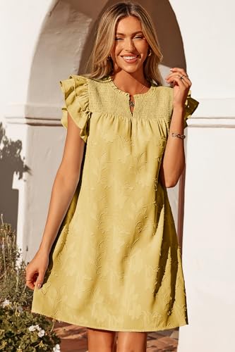 Image of Dokotoo Womens Summer Dresses 2026 Ruffle Short Sleeve Casual V Neck Smocked Floral Burnout Mini Dress Sundress