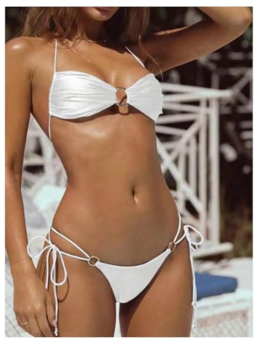 Image of SOLY HUX Bathing Suit for Women Halter Ring Linked Tie Side Bikini Sets Two Piece Swimsuit