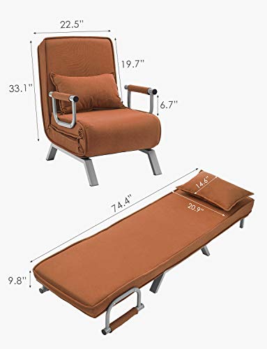 Kealive Convertible Sofa Chair Bed Folding Arm Chair Sleeper for Adults, 5 Position Recliner Full Padded Lounger Couch Bed with Pillow (Brown)