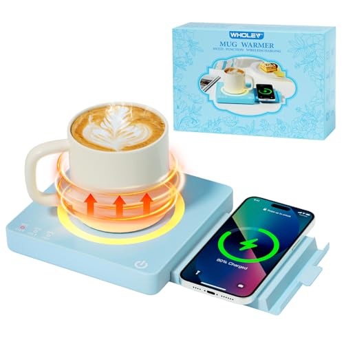 WHOLEV Coffee Mug Warmer, Smart Mug Warmer, 15W Wireless Phone Charging, 3 Heat Settings Temperature Controlled, 8H Auto Off, Candle Warmer, Safe for Heating Coffee, Beverage, Milk, Tea