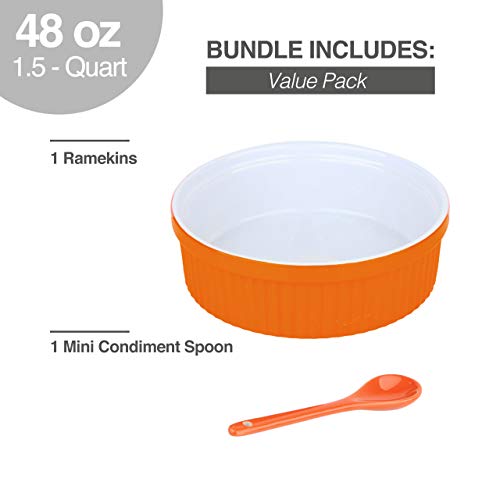 Souffle Dish Ramekins for Baking – 48 Oz, 1.5 Quart Large Ceramic Oven Safe Round Fluted Bowl with Mini Condiment Spoon for Soufflé Pot Pie Casserole Pasta Roasted Vegetables Baked Desserts (Orange) - Thumbnail 4