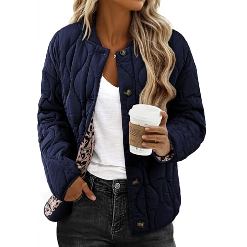 Quilted Jackets for Women Casual Button Down Puffer Bomber Jackets Crew Neck Leopard Fleece Jacket Coat with Pockets