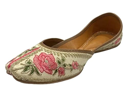White Multi Print Thread Work Jutti for Women's Soft Flat Ethnic Handmade Traditional Jooti Wedding Indian Shoes