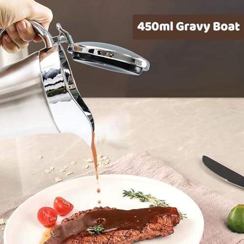 Edelstahl Thermo Sauciere,Soßenkanne aus doppelwandigem Edelstahl - isolierter Saucenbehälter mit Klapp-Deckel und Henkel,Saucenbecher für Vanillesoße Soße Sahne Mayonnaise Milch(450ml)