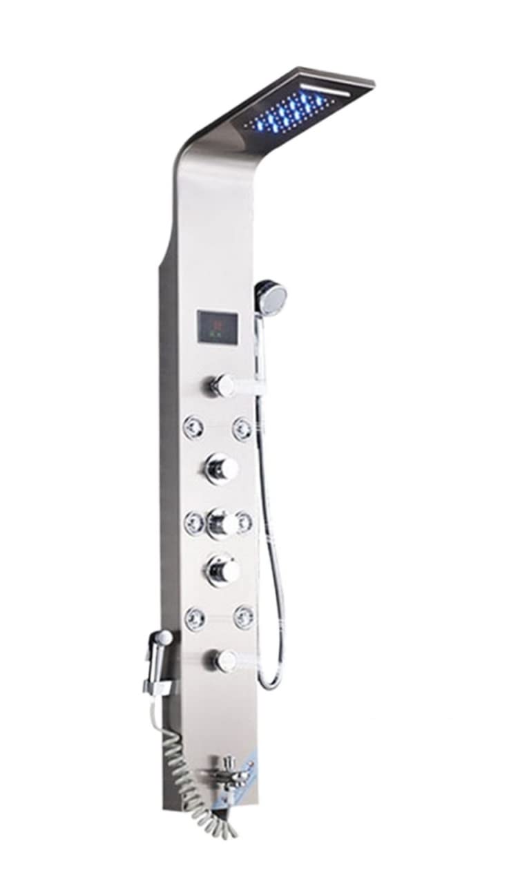 Soywim Brushed Nickel 8009 Shower System, Led Bathroom Shower Panel 6 Modes Intelligent Lcd Column Rose Gold Rain Waterfall Bath Systems With Massage Jet Mixer Tap(Brushed Nickel 8009)