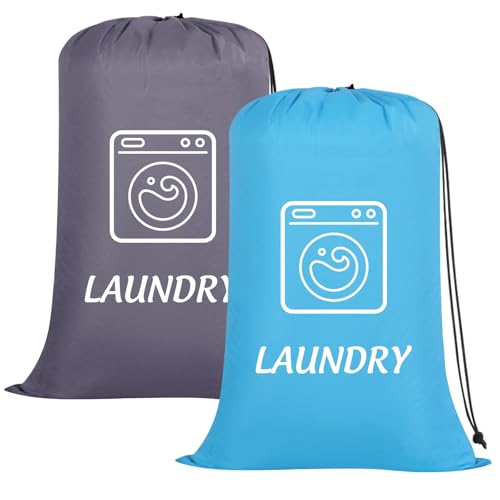 Dntorx 2 Pack Large Travel Laundry Bags 24 x 36 In Drawstring Blue + Grey