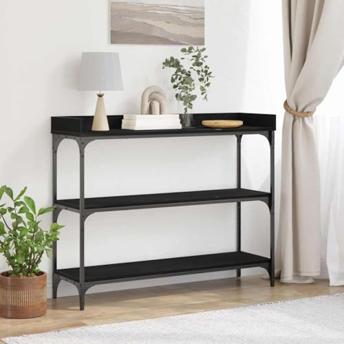 Mesa consola con estante negro efecto roble y estructura de acero resistente 2