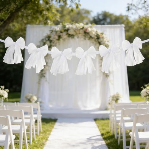 Image of MLMC White Bow Garland Banner Handmade Cheesecloth Bow Wreath Party Hanging Decorations for Baby Shower Birthday Wedding Bridal Shower Party Decor