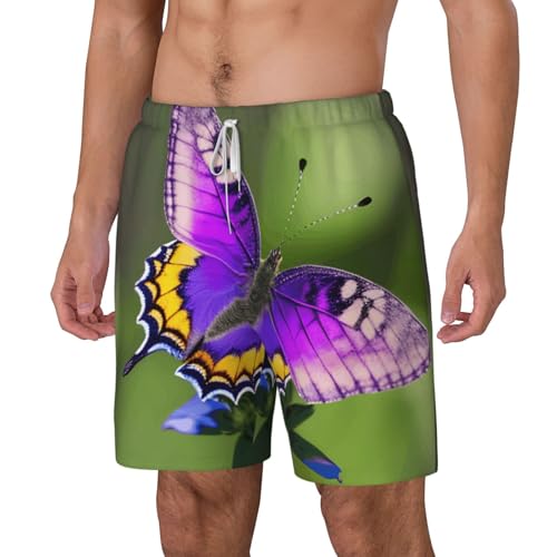 Purple Butterfly Pattern Men's Soft Double Swim Shorts, Lounge Swiming Shorts Pants Breathable Summer2