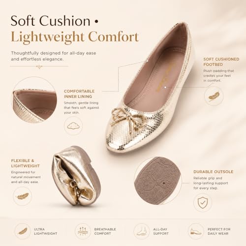 Image of Women's Gold Ballet Flats | Pointed Toe Metallic Dress Shoes with Bow Detail | Comfortable Slip On Flat Shoes for Wedding, Party, Office & Formal Events