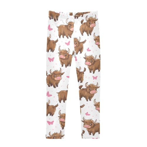 Highland Cow Butterfly Girls Leggings Ultra Soft Compression Yoga Gym Pants for Kids 4-10T