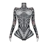 Tyian Rhinestone Fashion Hands Printed Long Sleeve Bodysuit Performance Singer Pole Dancing Club Birthday Show Stage Costume (Grey)