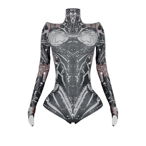 Tyian Rhinestone Fashion Hands Printed Long Sleeve Bodysuit Performance Singer Pole Dancing Club Birthday Show Stage Costume (Grey)