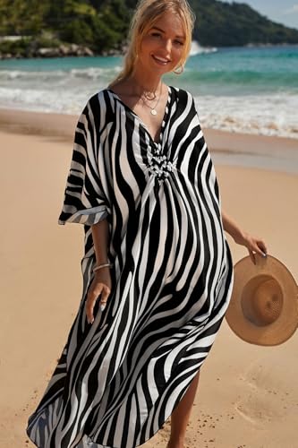 Image of IMAGEKOPE Women's Plus Size Animal Print V-Neck Batwing Kaftan Beach Dress Bathing Suit Cover-Up Loungewear