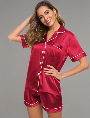 Image of SWOMOG Womens Silk Satin Pajamas Set Short Sleeve Sleepwear Button Down Top and Shorts Loungewear 2 Piece Pjs Set XS-3XL