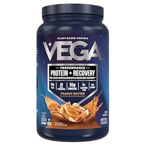 Vega Sport Vegan Protein Powder + Recovery – 30g Plant Based Protein per Serving, Peanut Butter, 19 Servings, 5g BCAAs, Probiotics, NSF Certified, for Shakes & Smoothies, 1.8lbs (Packaging May Vary)