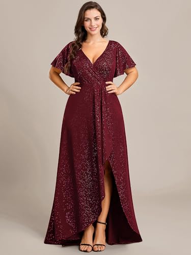 Image of Ever-Pretty Womens Glitter High Low Plus Size Cocktail Wedding Guest Dress | V-Neck, Ruffle Sleeve, High Stretch, A-Line, Front Slit, Plus Size Formal Dresses Evening Gowns