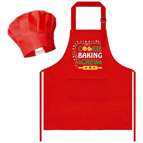 R HORSE 2Pcs Christmas Kid Apron and Chef Hat Set, Xmas Red Adjustable Children Red Kitchen Apron, Dress up Role Play Chef Toy Cooking Baking Painting Training Kits for Kids Birthday Christmas Gift