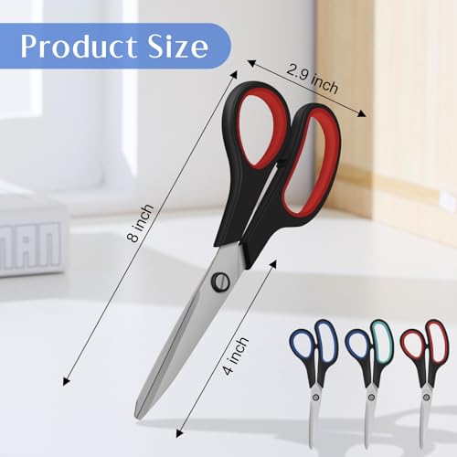 3 Pack Scissors All Purpose, 8.3\" Sharp Stainless Steel Scissor With Ergonomic Soft-Grip Handles, Right/Left Hand, Scissors for Office, School, Classroom, Kitchen, Crafts, Sewing (Red+Green+Blue) - Thumbnail 2