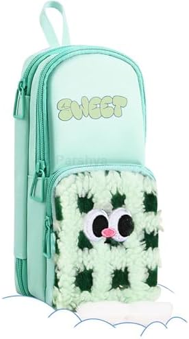 Parshya Three Layer Premium Canvas Pencil Pouch with Small Leg for School Girls and Boys, Cute Aesthetic Stationery Items Kit Case, Large Capacity Stationary Pencil Box for Kids Gifts