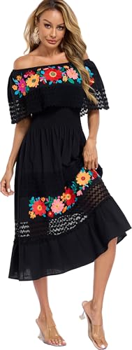 Image of YZXDORWJ Women Embroidered Mexican Peasant Casual Sexy Lace Off-Shoulder Long Dress