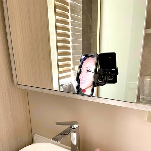 Image of Universal Mirror Shower Phone Holder, Multi-Directional Dual 360 Degree Rotating Suction Cup Phone Wall Mount stand, Tiktok Youtube Vlog Video Recording Kit, airplane travel essentials accessories