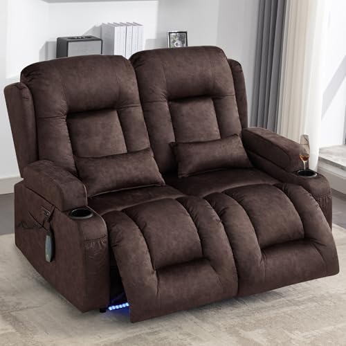 Image of URRED Power Loveseat Recliner Sofa with Massage and Heat, Wall Hugger Reclining Loveseat, RV Couch Home Theater Seating with LED Lights for Living Room (Brown, 54 inch - 2 Seats)