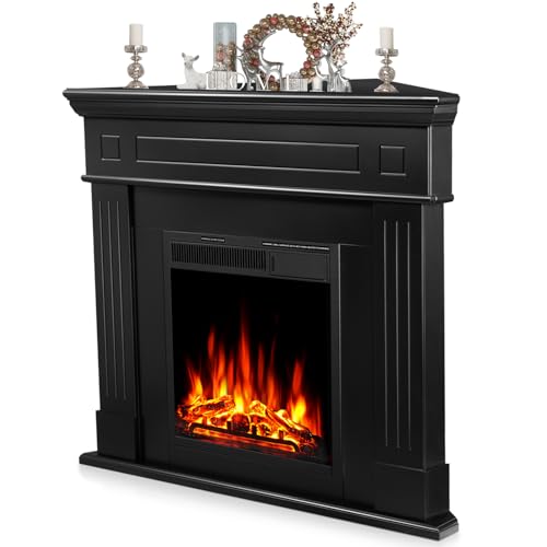 R.W.FLAME 43&rdquo; Corner Electric Fireplace Mantel Wooden Surround Firebox, TV Stand with Freestanding Electric Fireplace, Remote Control, Adjustable Led Flame, 750W/1500W Black